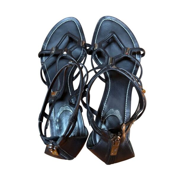 Rene Caovilla Black Leather Flat Gladiator Sandal Zip Back Silver Accent 38/8 - Picture 10 of 16
